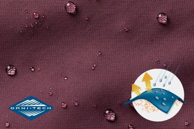 Close up of fabric with the Omni Tech logo in the bottom left and a graphic showing how moisture beads on the fabric's surface.