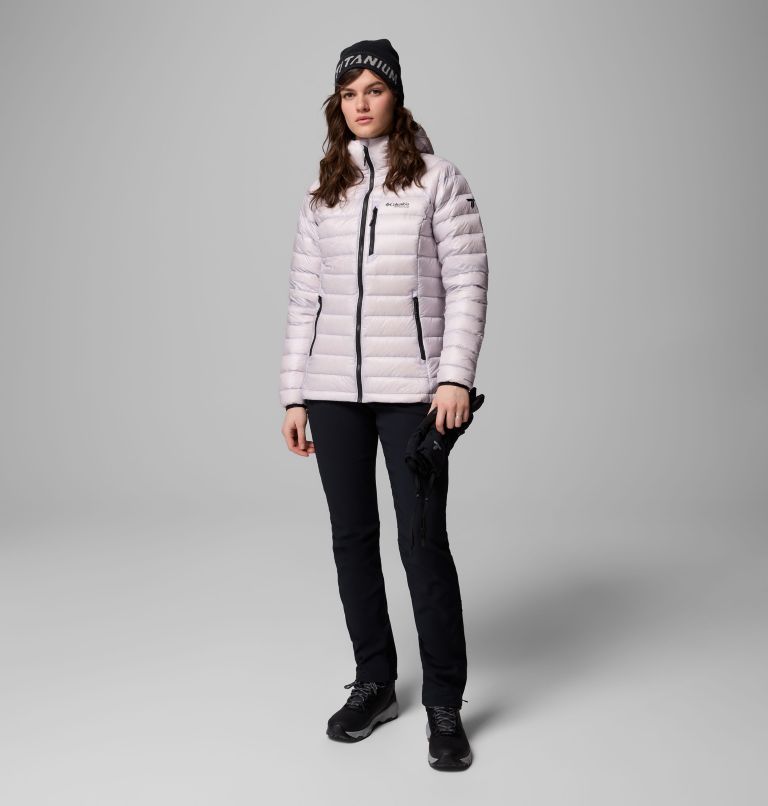 Women's Arctic Crest Down Hooded Jacket, Color: Lavender Pearl, image 2