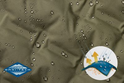Close up of fabric with the Omni Tech logo in the bottom left and a graphic showing how moisture beads on the fabric's surface.