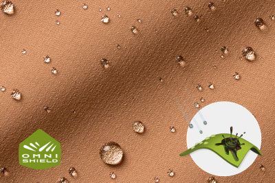 Close up of fabric with the Omni Shield logo in the bottom left and a graphic showing how moisture beads on the fabric's surface.