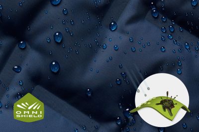 Close up of fabric with the Omni Shield logo in the bottom left and a graphic showing how moisture beads on the fabric's surface.