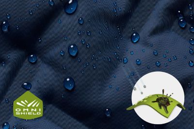 Close up of fabric with the Omni Shield logo in the bottom left and a graphic showing how moisture beads on the fabric's surface.