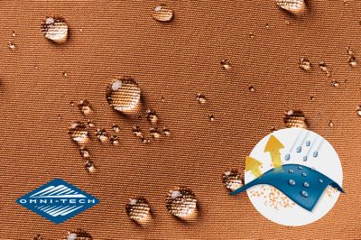 Close up of fabric with the Omni Shield logo in the bottom left and a graphic showing how moisture beads on the fabric's surface.