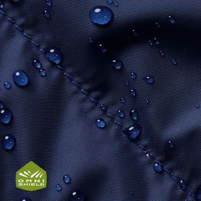 Close up of fabric with the Omni Shield logo in the bottom left and a graphic showing how moisture beads on the fabric's surface.