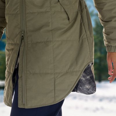 Model showing the two way zipper and shirttail hem.