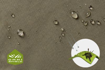 Close up of fabric with the Omni Shield logo in the bottom left and a graphic showing how moisture beads on the fabric's surface.
