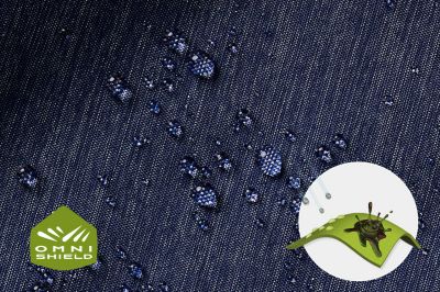 Close up of fabric with the Omni Shield logo in the bottom left and a graphic showing how moisture beads on the fabric's surface.