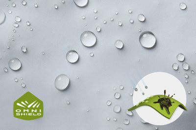 Close up of fabric with the Omni Shield logo in the bottom left and a graphic showing how moisture beads on the fabric's surface.