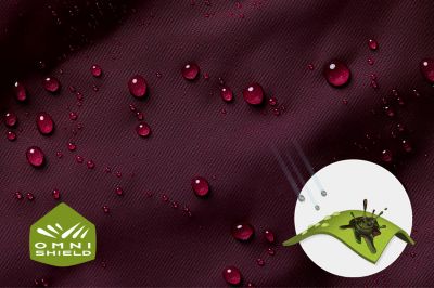 Close up of fabric with the Omni Shield logo in the bottom left and a graphic showing how moisture beads on the fabric's surface.
