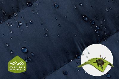 Close up of fabric with the Omni Shield logo in the bottom left and a graphic showing how moisture beads on the fabric's surface.