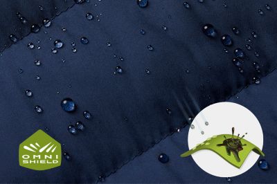 Close-up of fabric with the Omni Shield logo in the bottom left and a graphic showing how moisture beads on the fabric's surface.