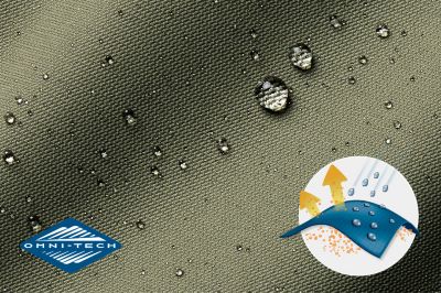 Close up of fabric with the Omni Tech logo in the bottom left and a graphic showing how moisture beads on the fabric's surface.