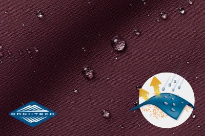 Close up of fabric with the Omni Tech logo in the bottom left and a graphic showing how moisture beads on the fabric's surface.