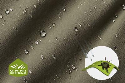 Close up of fabric with the Omni Shield logo in the bottom left and a graphic showing how moisture beads on the fabric's surface.