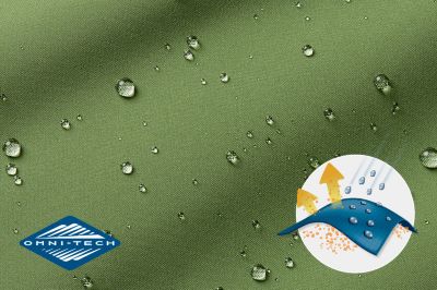 Close up of fabric with the Omni Tech logo in the bottom left and a graphic showing how moisture beads on the fabric's surface.
