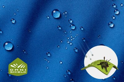 Close-up of fabric with the Omni Shield logo in the bottom left and a graphic showing how moisture beads on the fabric's surface.