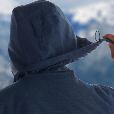 Close-up of a model removing the protective hood.