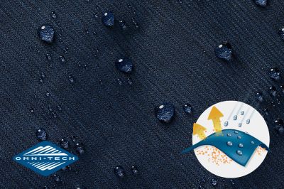 Close up of fabric with the Omni Tech logo in the bottom left and a graphic showing how moisture beads on the fabric's surface.