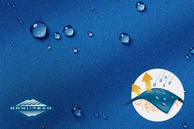 Close up of fabric with the Omni Tech logo in the bottom left and a graphic showing how moisture beads on the fabric's surface.