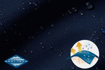 Close up of fabric with the Omni Tech logo in the bottom left and a graphic showing how moisture beads on the fabric's surface.
