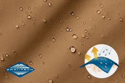 Close up of fabric with the Omni Tech logo in the bottom left and a graphic showing how moisture beads on the fabric's surface.