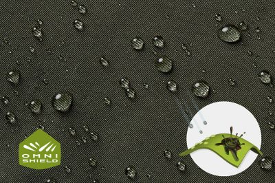 Close up of fabric with the Omni Shield logo in the bottom left and a graphic showing how moisture beads on the fabric's surface.