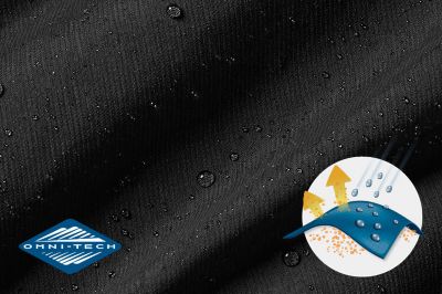 Close up of fabric with the Omni Tech logo in the bottom left and a graphic showing how moisture beads off the fabric's surface.