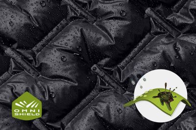 Close-up of the Omni-Shield fabric in action repelling droplets with a graphic showing how the technology works.