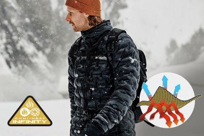 A person walking through snowy weather staying warm in an Omni-Heat Infinity jacket with a graphic showing how the technology works. 