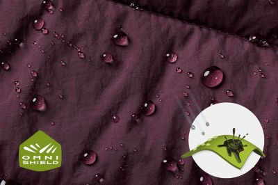 Close up of fabric with the Omni Shield logo in the bottom left and a graphic showing how moisture beads on the fabric's surface.