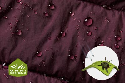 Close up of fabric with the Omni Shield logo in the bottom left and a graphic showing how moisture beads on the fabric's surface.