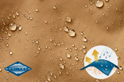 Close up of fabric with the Omni Shield logo in the bottom left and a graphic showing how moisture beads on the fabric's surface.