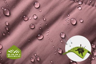 Close up of fabric with the Omni Shield logo in the bottom left and a graphic showing how moisture beads on the fabric's surface.