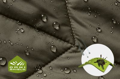 Close up of fabric with the Omni Shield logo in the bottom left and a graphic showing how moisture beads on the fabric's surface.