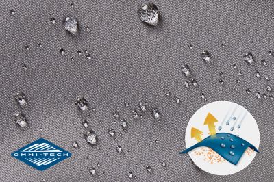 Close-up of fabric with the Omni Tech logo in the bottom left and a graphic showing how moisture beads on the fabric's surface.