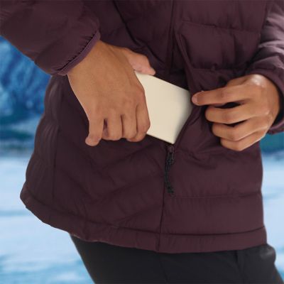 Model placing a phone into the zippered hand pocket.