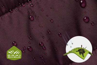 Close up of fabric with the Omni Shield logo in the bottom left and a graphic showing how moisture beads on the fabric's surface.