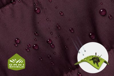 Close up of fabric with the Omni Shield logo in the bottom left and a graphic showing how moisture beads on the fabric's surface.