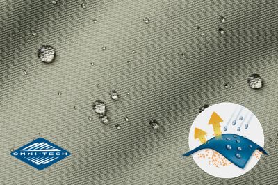 Close up of fabric with the Omni Tech logo in the bottom left and a graphic showing how moisture beads on the fabric's surface.