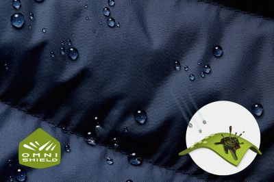 Close up of fabric with the Omni Shield logo in the bottom left and a graphic showing how moisture beads on the fabric's surface.