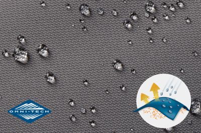 Close up of fabric with the Omni Tech logo in the bottom left and a graphic showing how moisture beads on the fabric's surface.