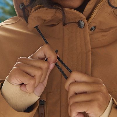 Close-up of a model adjusting the protective hood.