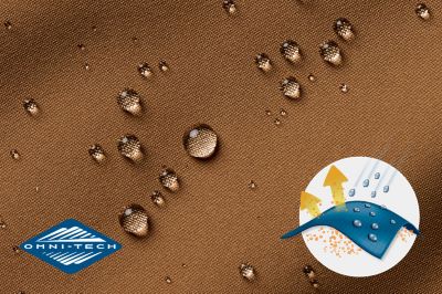 Close up of fabric with the Omni Tech logo in the bottom left and a graphic showing how moisture beads on the fabric's surface.