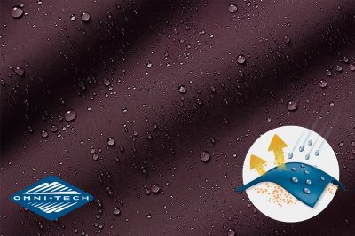 Close up of the pant's tan fabric with the Omni Wick logo in the bottom left and a graphic showing how moisture rises to the fabric's surface to evaporate in the bottom right.