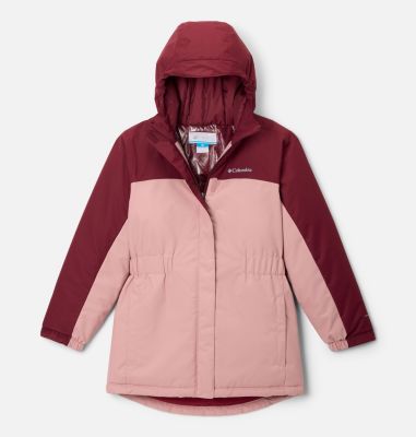Girls' Hikebound II Long Insulated Waterproof Hooded Jacket, Color: Eraser Pink, Rich Wine, image 1