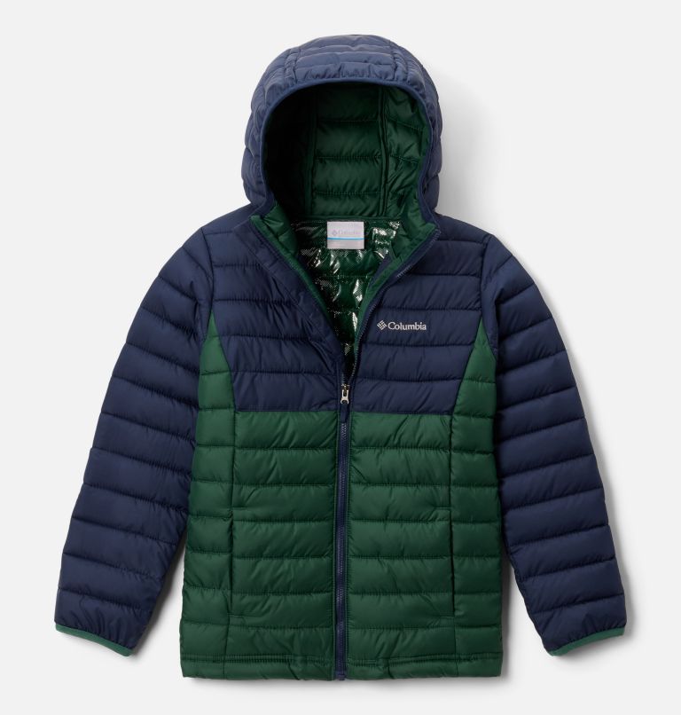 Boys' Powder Lite II Hooded Jacket, Color: Rain Forest, Collegiate Navy, image 1
