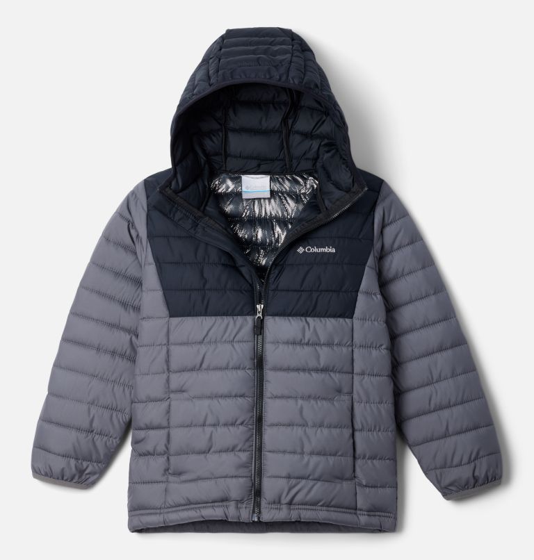 Boy's Powder Lite II Hooded Insulated Jacket, Color: City Grey, Black, image 1