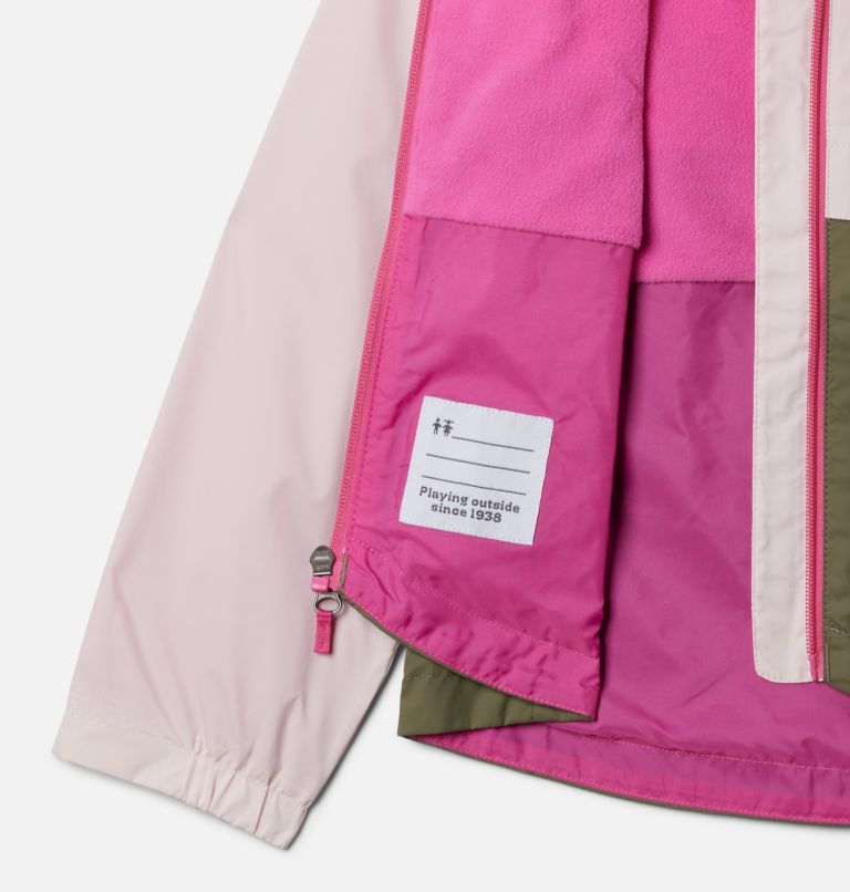 Girls' Rain-Zilla II Jacket, Color: Satin Pink, Stone Green, image 3