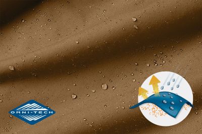 Close up of fabric with the Omni Tech logo in the bottom left and a graphic showing how moisture beads off the fabric's surface.