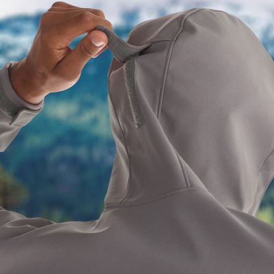 Model showing tab on back of hood.